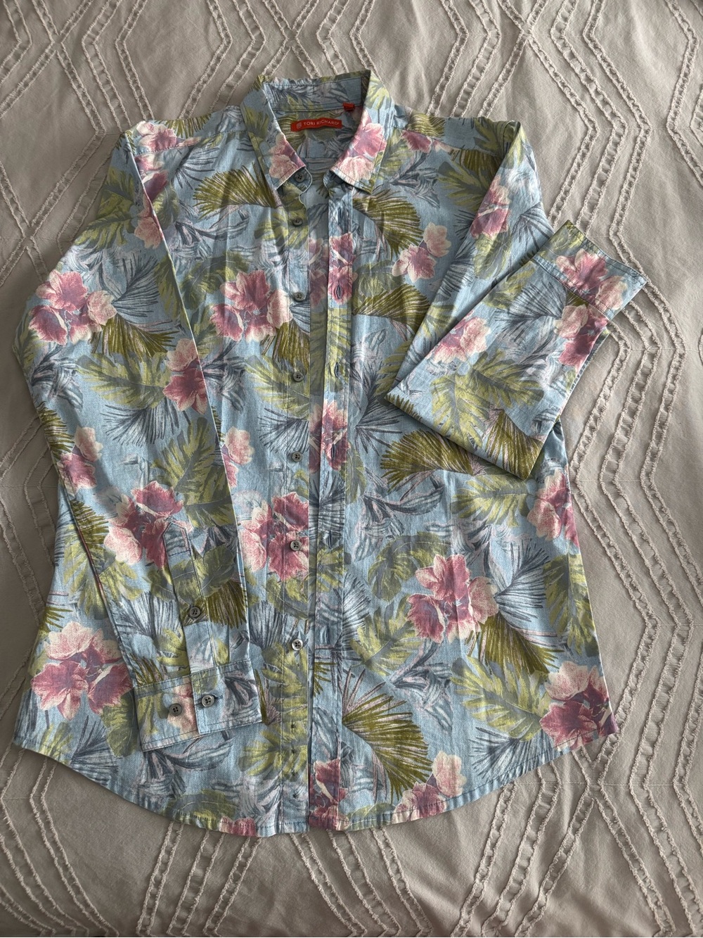 Tori Richard Blue Floral and Green Palm Button-Down Shirt